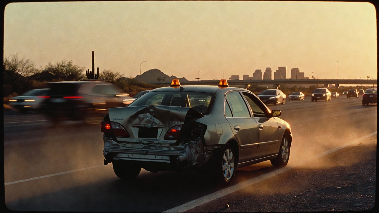 Crumpled sedan on the shoulder of a Phoenix-area freeway after a car accident