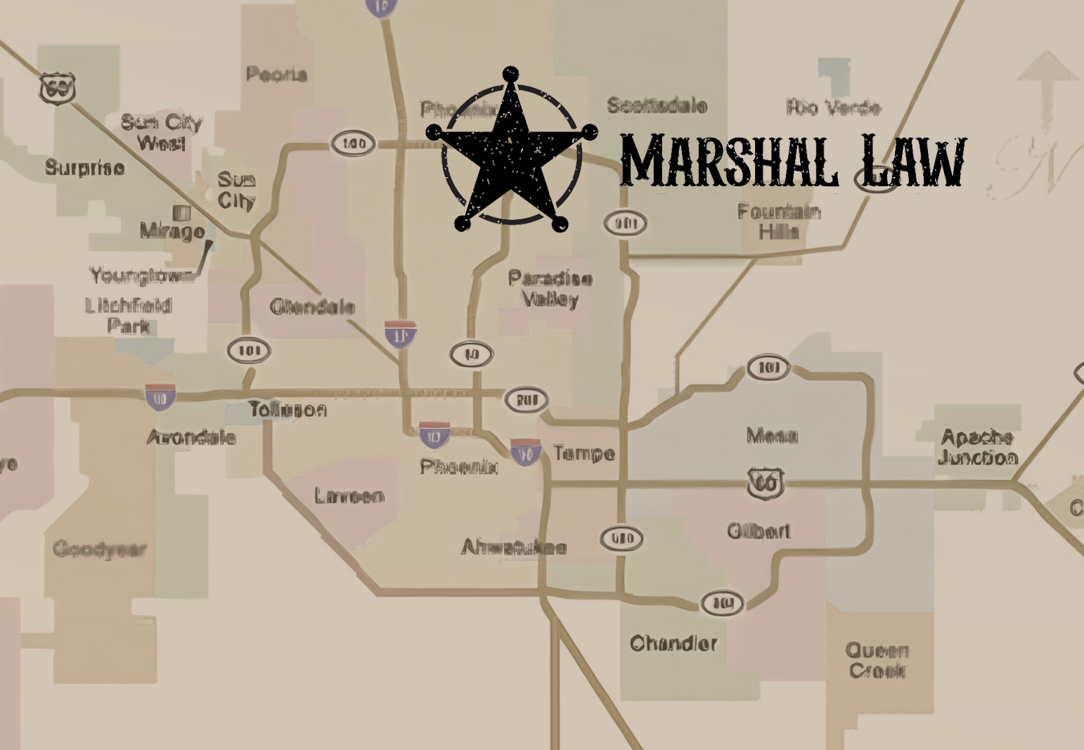 Illustrated map of the Phoenix metro area showing Marshal Law's Scottsdale service area across Maricopa County