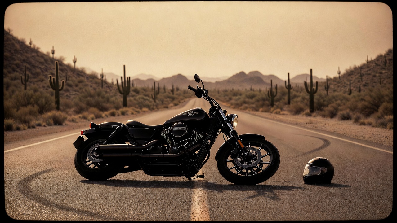 Motorcycle down on a two-lane Arizona desert highway after a crash