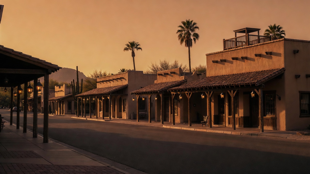 Old Town Scottsdale streetscape at golden hour, near the future Marshal Law Arizona office