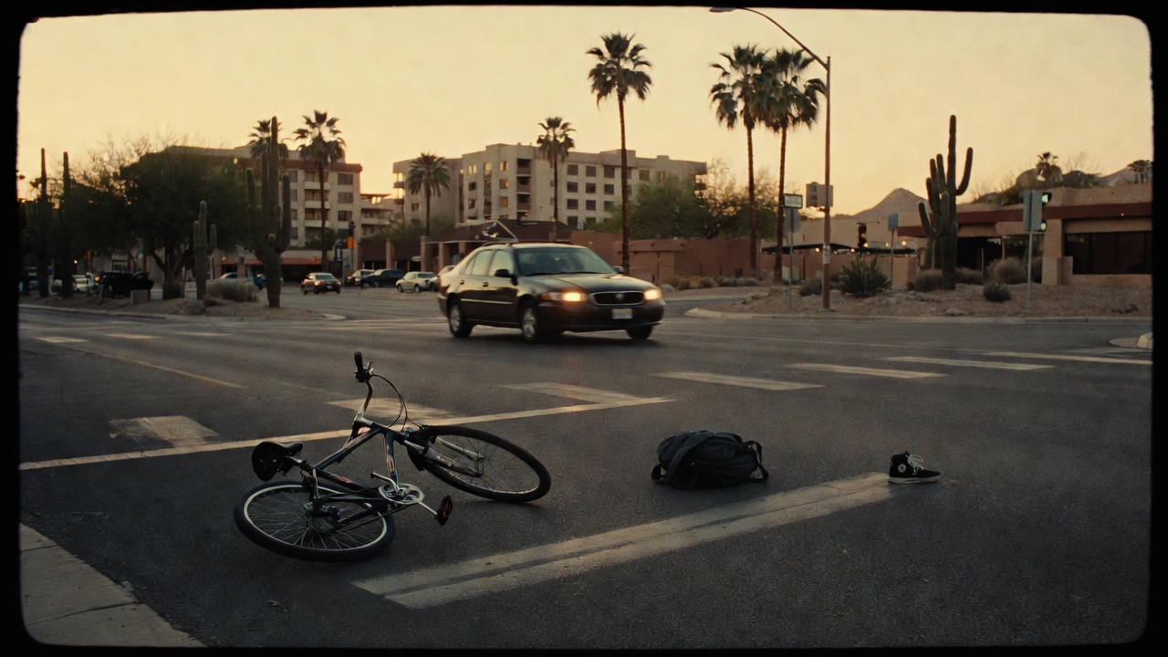 Bicycle in a crosswalk at a Tempe intersection after a pedestrian and bicycle accident
