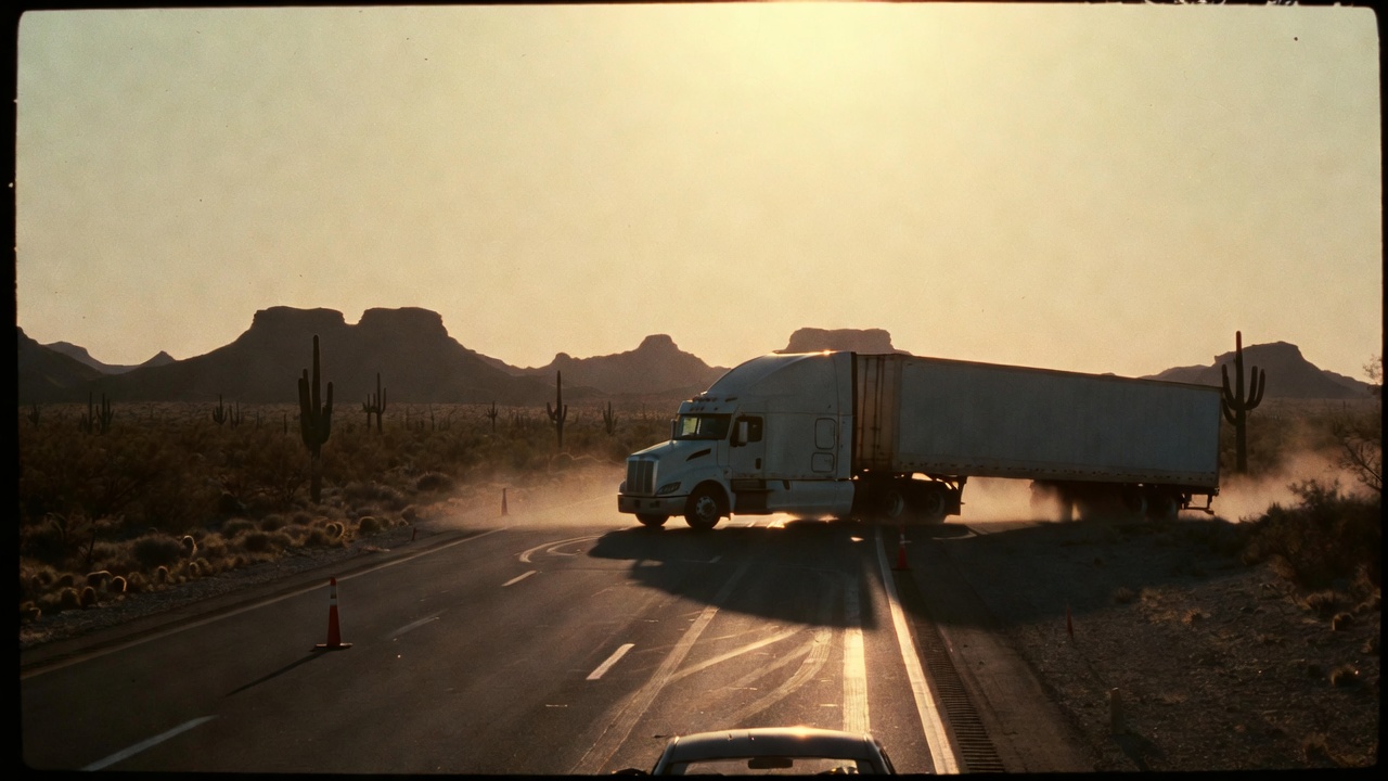 Jackknifed 18-wheeler blocking an Arizona interstate after a truck accident