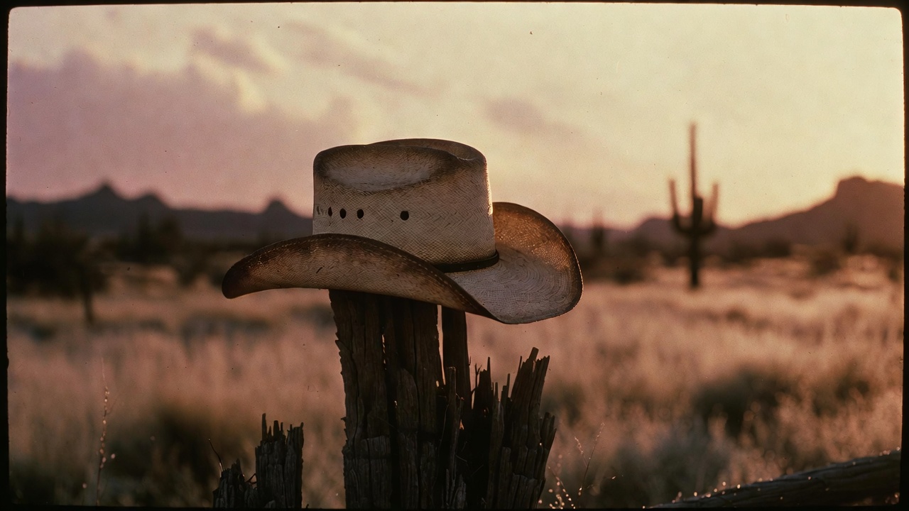 Cowboy hat resting on a fence post at dawn on an Arizona ranch
